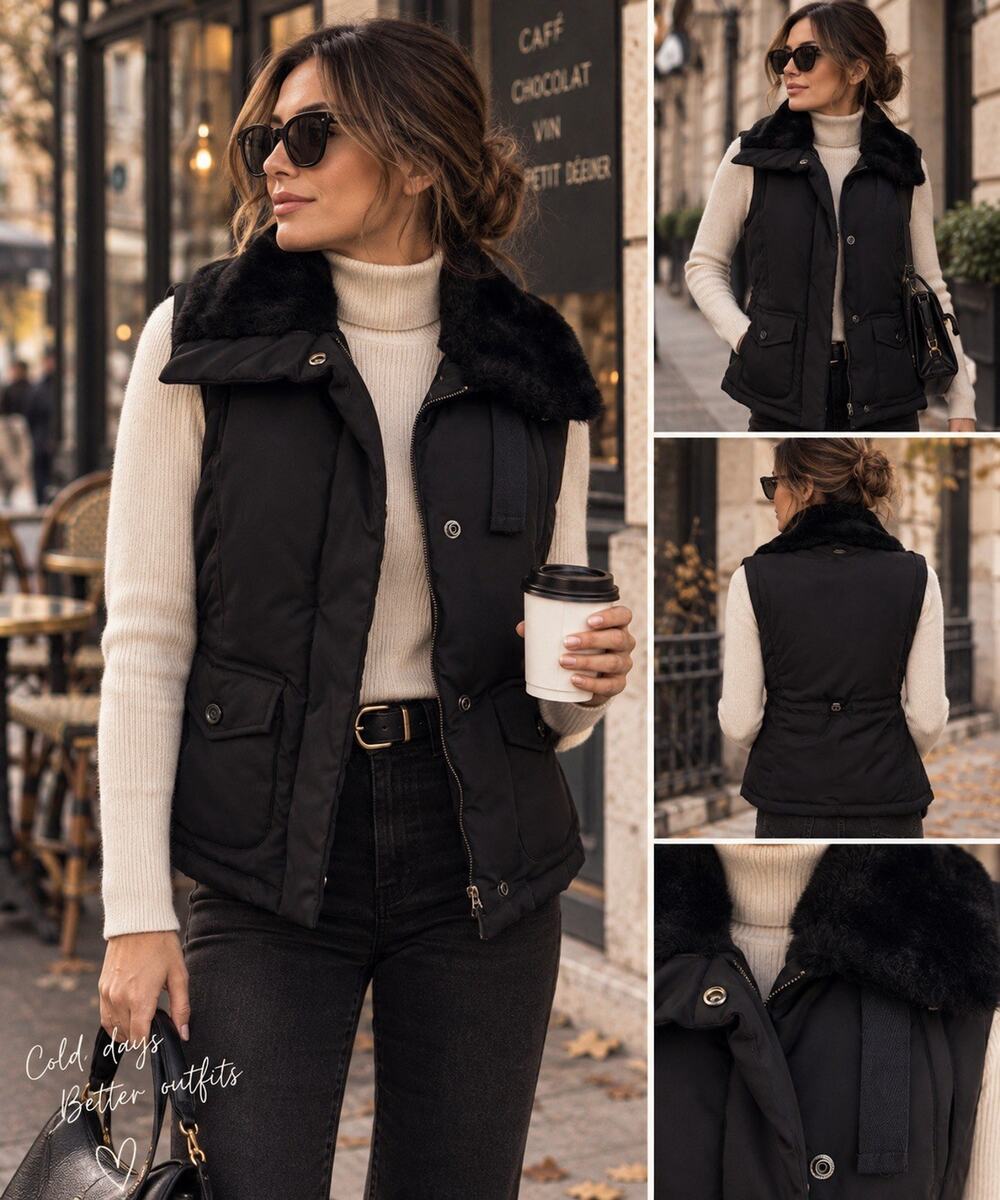 NWOT DNKY Down Puffer Vest Faux Fur Trim Black size P / XS
